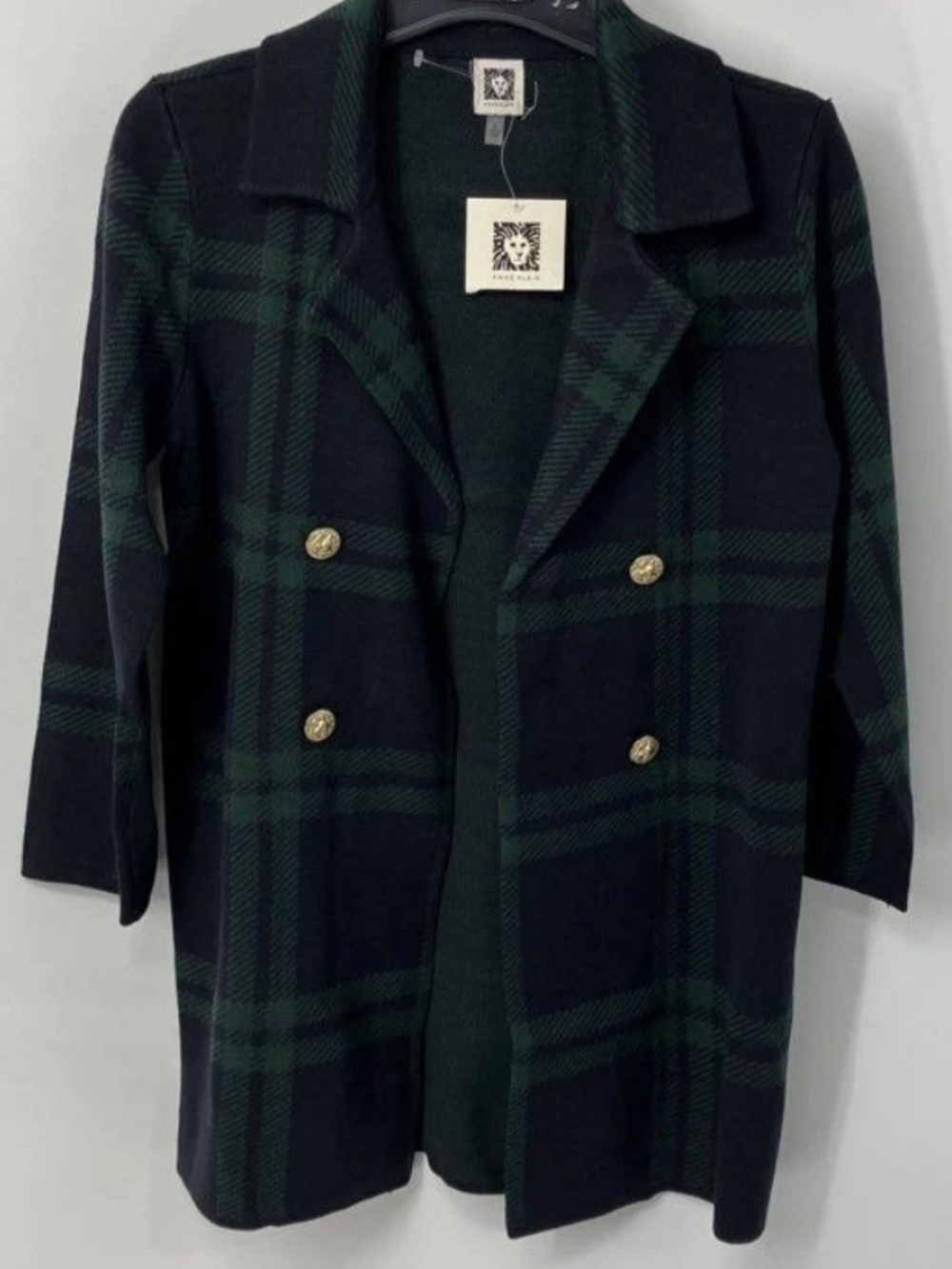 Anne Klein Double-Breasted Plaid Navy & Green Tartan Coatigan NWT Women's Small